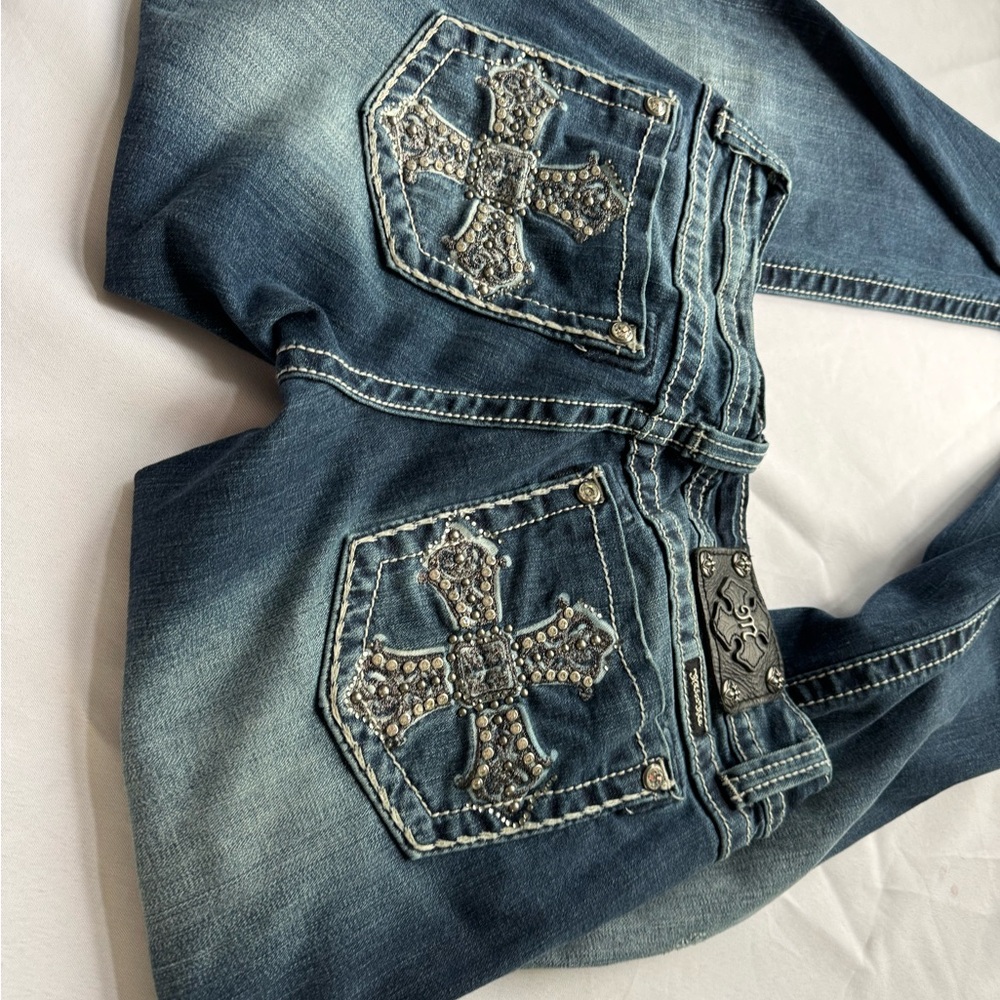 Miss Me Blue Jeans with Cross Embellishments and Distressed Look